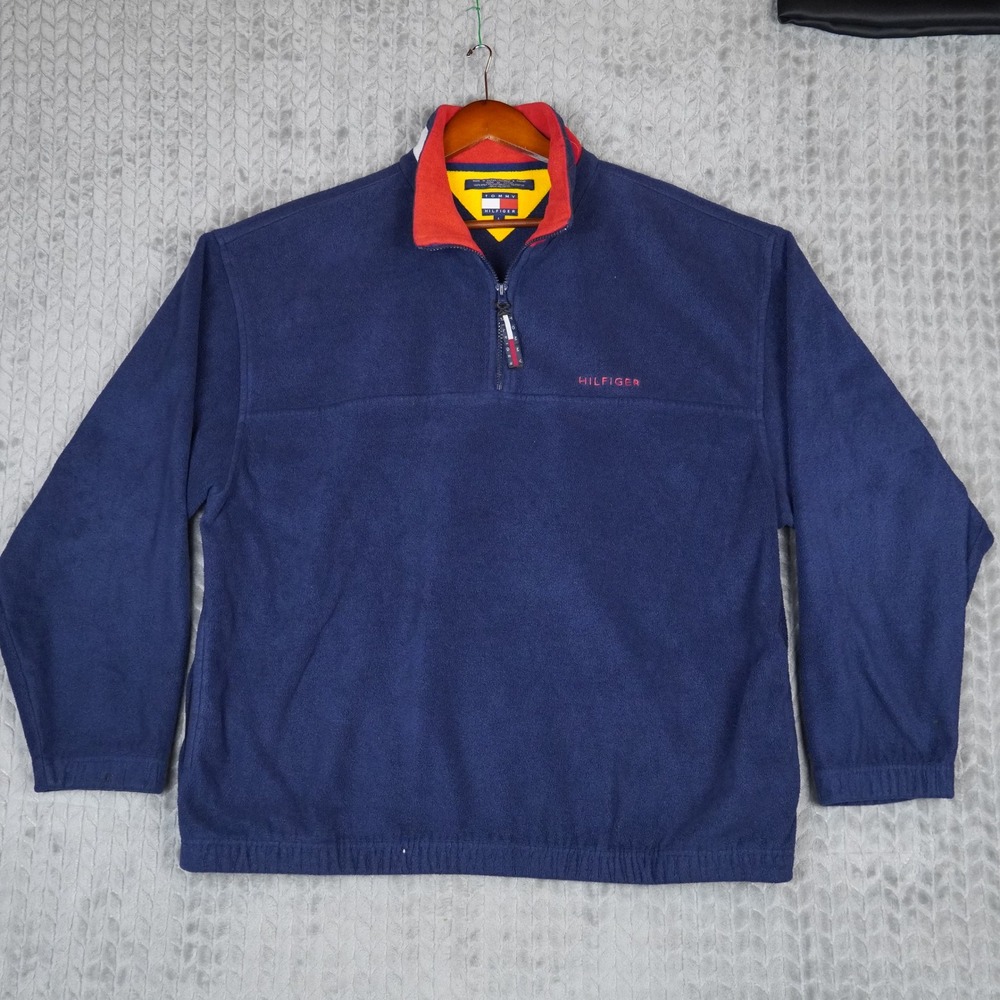 Tommy Hilfiger Fleece Pullover Mens L Navy Blue Vintage 1/4 Zip Spun Polyester